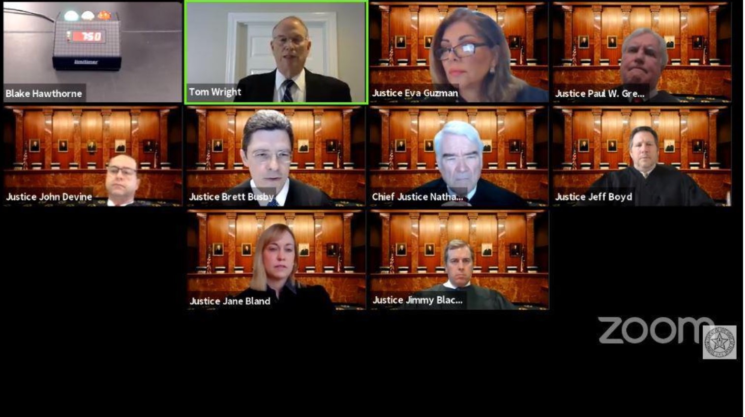 Screenshot of broadcast of oral arguments before the Texas Supreme Court