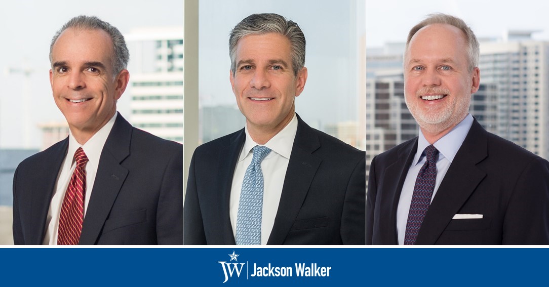 Dallas attorneys Alex Frutos, Mike Held, and Ron Kerridge with Jackson Walker logo