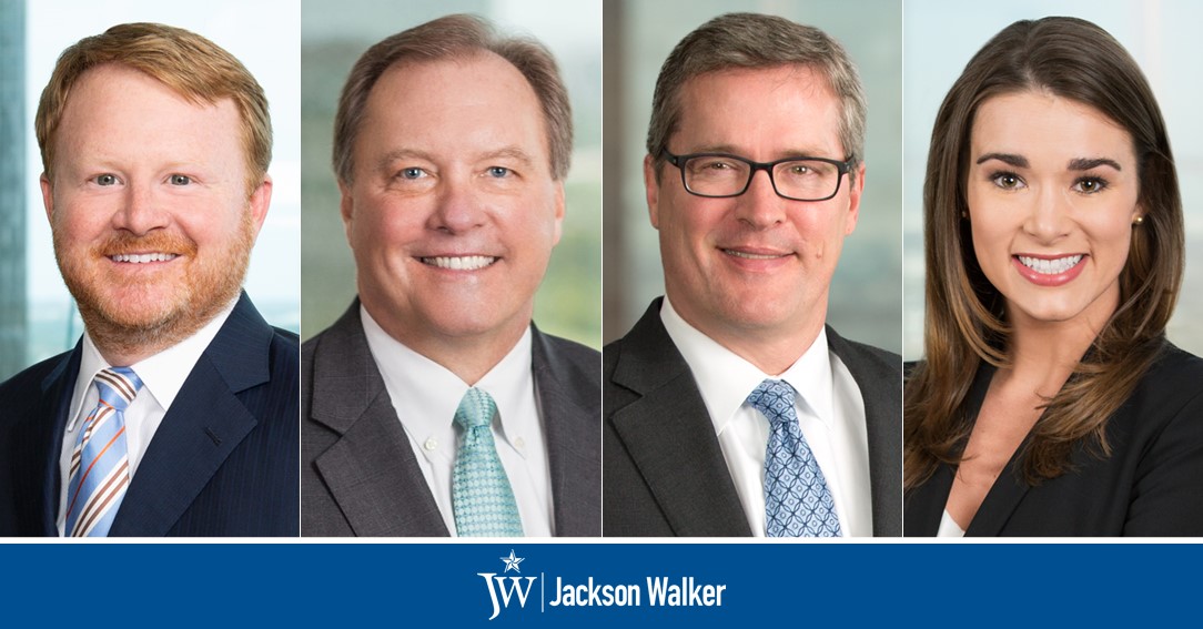 360 West Magazine's Top Attorneys 2020 with Jackson Walker logo (Joe Regan, Jay Rutherford, Len Wade, and Allison Allman)