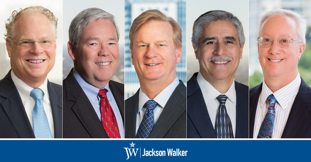 Patrick Tobin, Jed Morrison, Jeff Drummond, Rick Garza, and Michael Kaufman with Jackson Walker logo