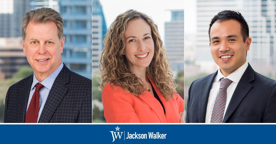 Paul Watler, Shannon Teicher, and Eric Wong with Jackson Walker logo