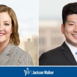 Kelly Cobb and Sang Shin with Jackson Walker logo